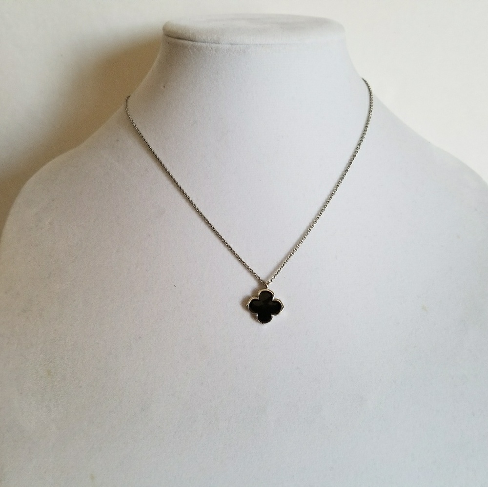 Silver necklace, black enamel clover - Picture 3 of 6